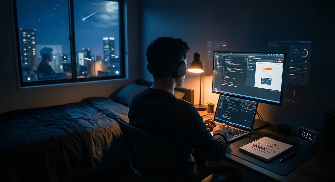 Man wearing headphones coding on laptop and desktop in a dark bedroom with city view and digital interface overlays.