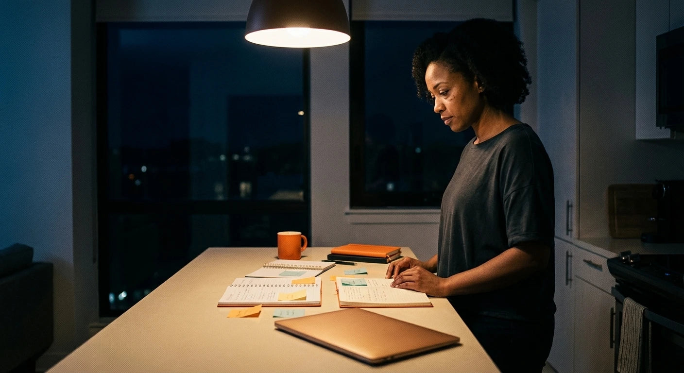 Woman focusing on notes and planner at kitchen counter at night under pendant light.