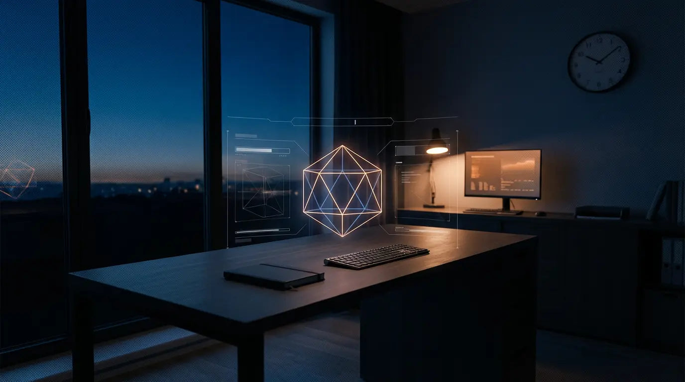 Office desk at night with a keyboard, notebook, computer, and holographic geometric shape floating above the desk.