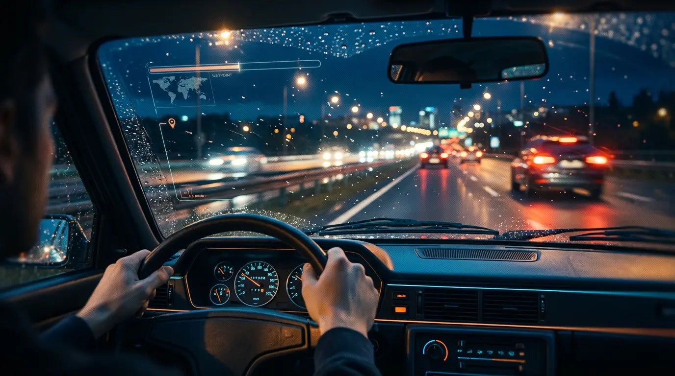 View from inside a car of a person driving at night on a wet road with a digital navigation display on the windshield.